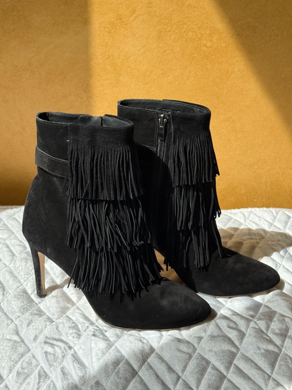 Via Spiga Black Suede Fringe Ankle Boots